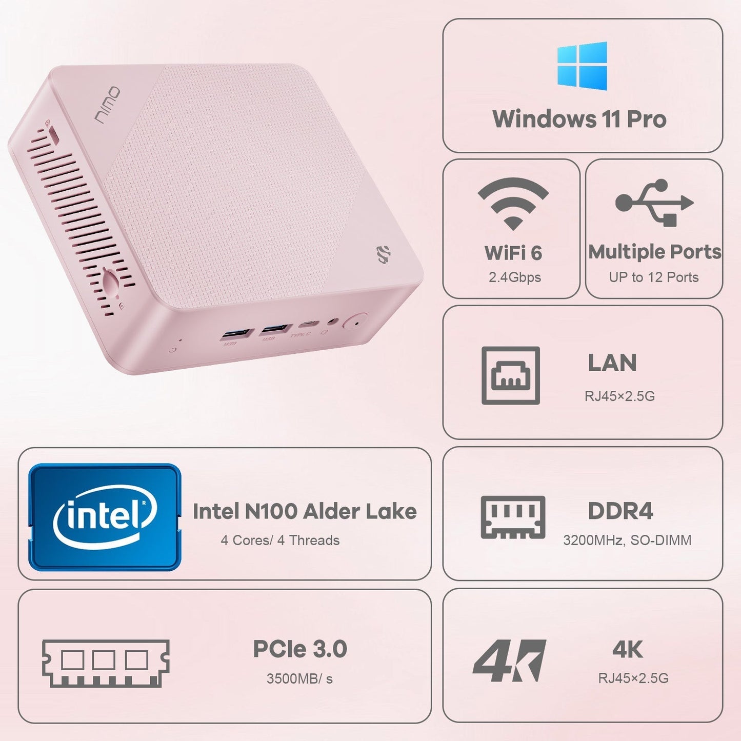Ghostmanta Minipc DNB20 (In Macaron) Intel N100 Processor for Home and School - 8GB - 512GB - Pink