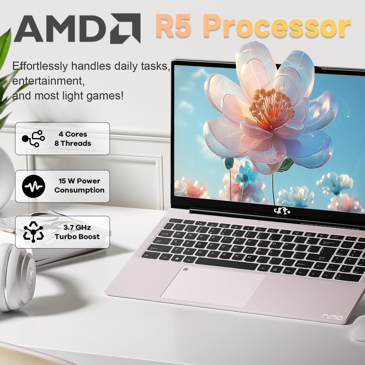 Ghostmanta 15.6 FHD N152 AMD R5 3500U | Fast Charger & Fingerprint Sensor Student Laptop-32GB-Rose Gold