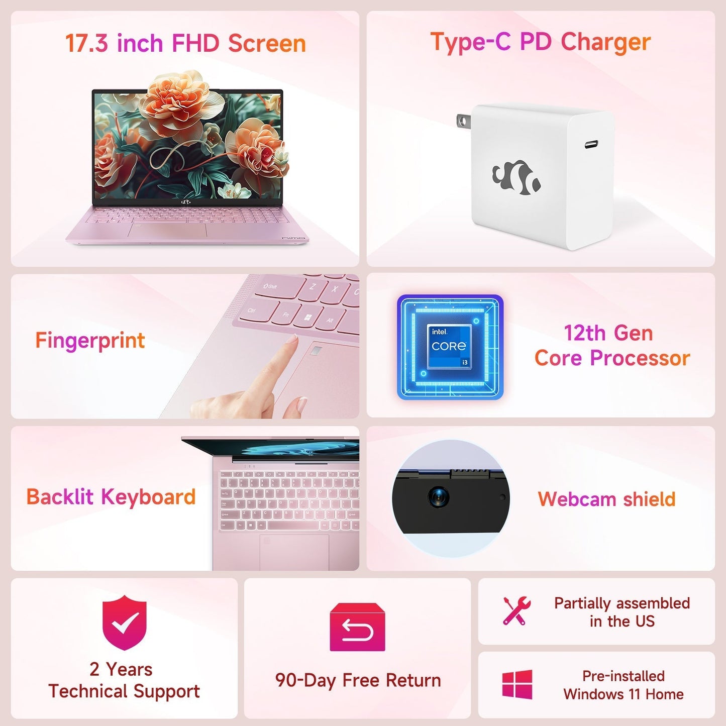 Ghostmanta 17.3 FHD N171 I3-1215U Laptop for Student and Business-32GB-Rose Gold-1TB